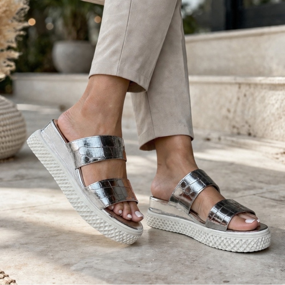 Aerosoles Zeff Wedge Sandal Metallic Silver Slides 9.5